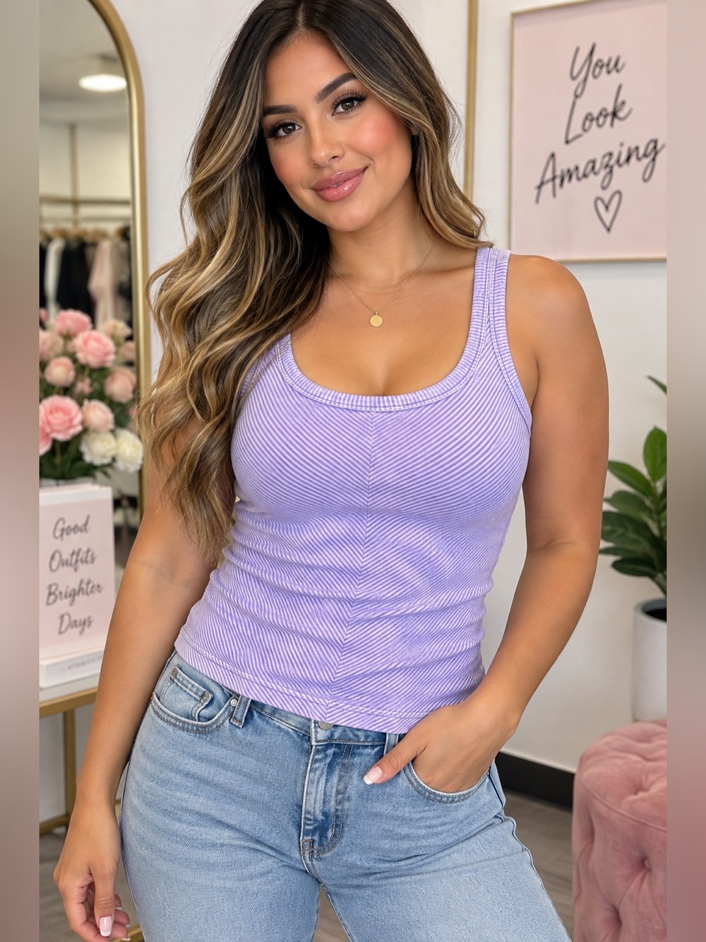 Zenana- Ribbed Acid Wash Scoop Neck Tank - Lavender